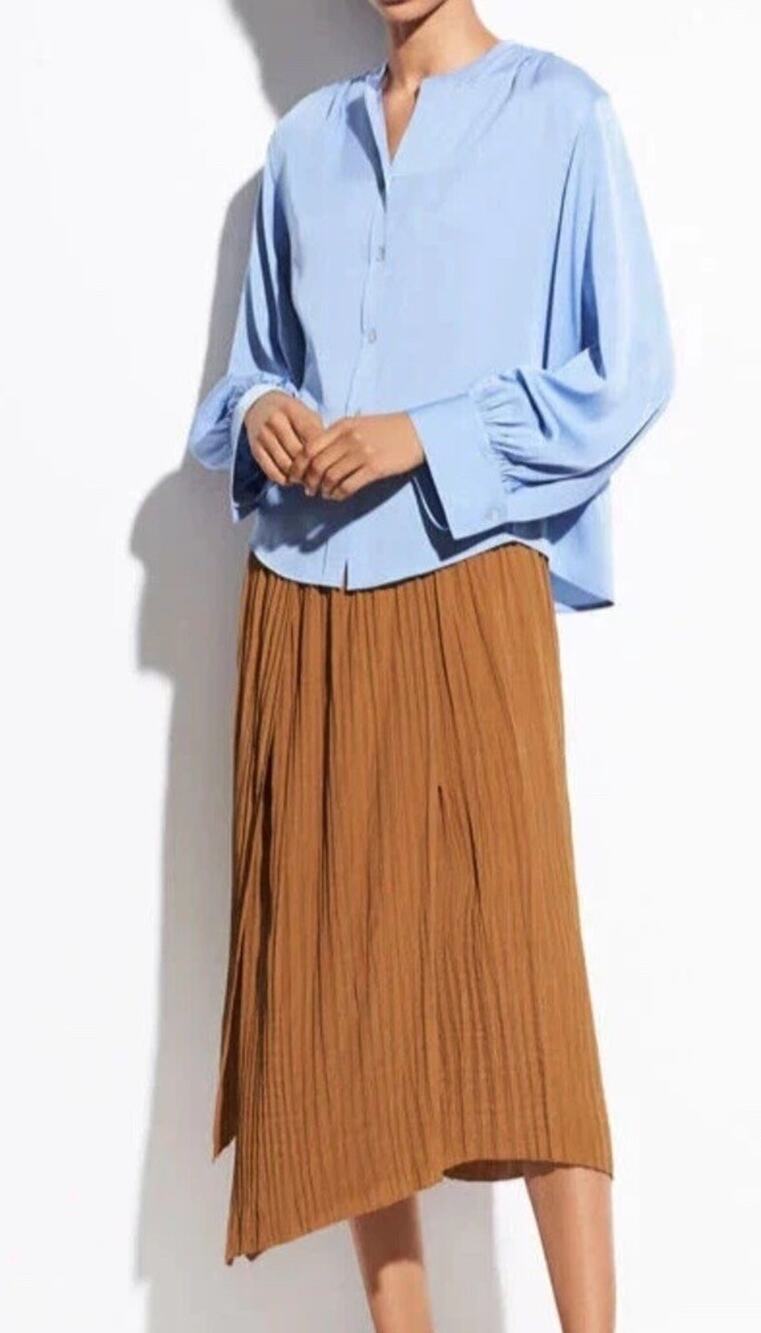 Vince Crinkle Pleated Skirt Midi Pull On Handkerchief Hem Teakwood Brown XS $345